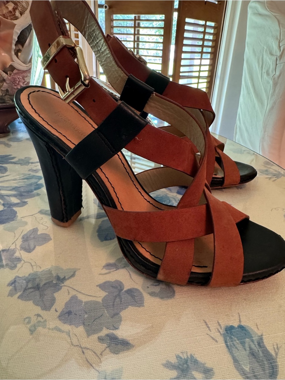 Pour La Victoire Rust and Black Suede Strappy High Heel Sandals
